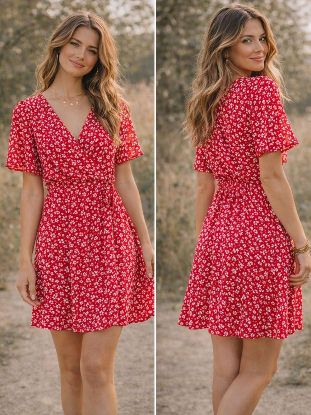 🔥Monteau Red Floral Wrap Dress Short Sleeve Mini Size L - Picture 3 of 6